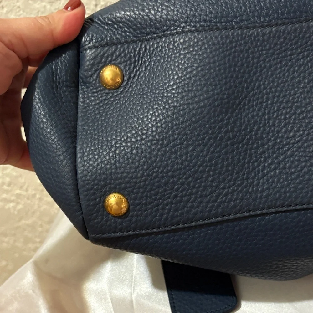 Prada Vitello Daino Bauletto Midnight Blue Pebbled Leather Satchel - Picture 9 of 13